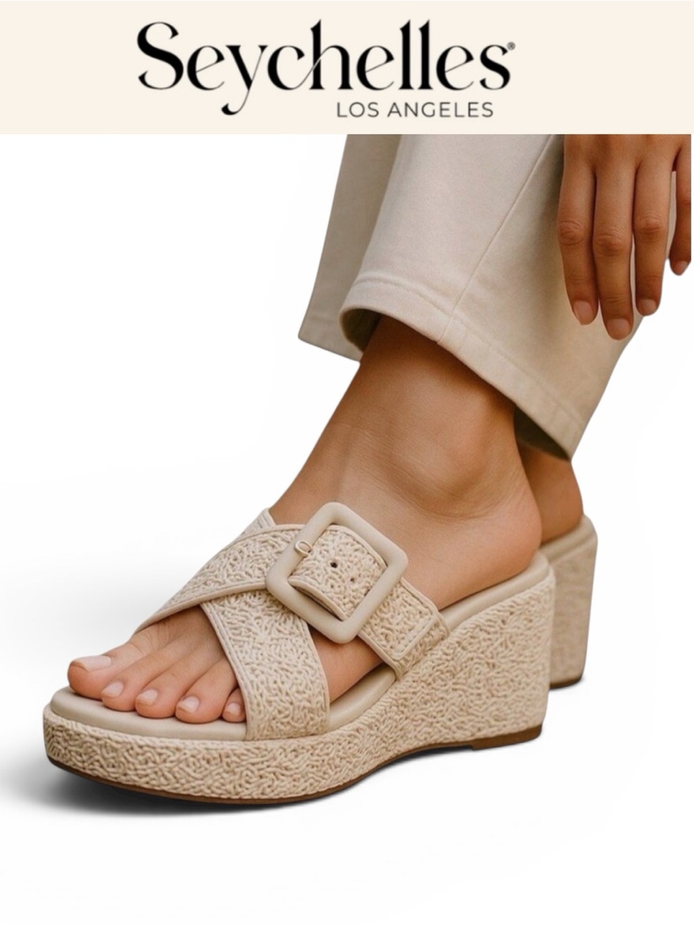 SEYCHELLES CALLI IVORY TEXTURED PLATFORM WEDGE SANDALS BUCKLE DETAIL SIZE 8